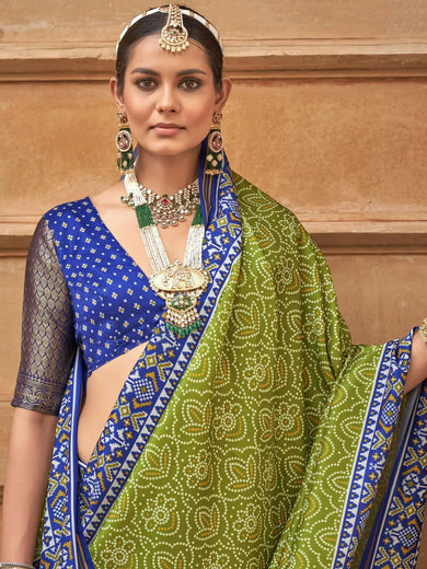 Attractive Olive Green Patola Printed Silk Traditional Saree With Blouse